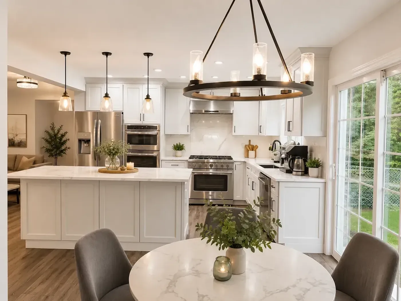 The finished kitchen — white cabinetry, marble island, pendant lighting and a styled dining table